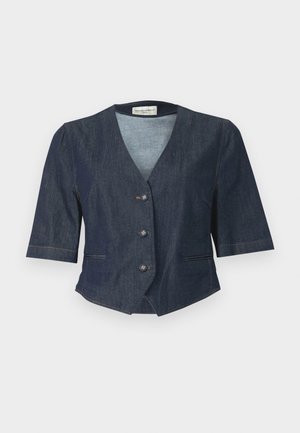 Σκούρο τζιν μπουφάν με κοντά μανίκια, V-λαιμό και πέντε μπροστινά κουμπιά. Διαθέτει αντίθετη ραφή και δύο πλευρικές τσέπες.