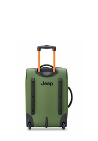 Valigia verde con guscio rigido, accessori neri, manico estensibile arancione e logo. Presenta ruote e maniglia laterale per un facile trasporto.