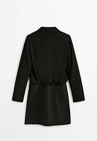 Robe blazer noire à manches longues avec col, taille cintrée et ourlet droit, vue de dos sur fond blanc.