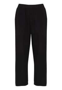 Black trousers featuring an elastic waistband, straight cut, and soft fabric. Simple design with no additional patterns or embellishments.