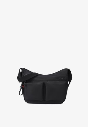 Sac bandoulière noir avec sangle réglable, deux poches avant zippées et un compartiment principal zippé.
