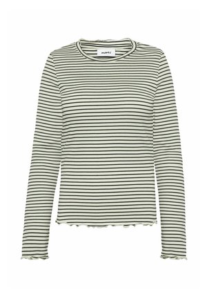 Tricou cu mânecă lungă și guler rotund, de culoare verde deschis, cu dungi orizontale negre. Prezintă un tiv ondulat și un material moale, elastic. Eticheta este vizibilă în interior.