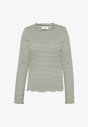 Maglietta a maniche lunghe e collo rotondo di un verde chiaro con strisce orizzontali nere. Presenta un orlo ondulato e un tessuto morbido ed elastico. Etichetta visibile all'interno.