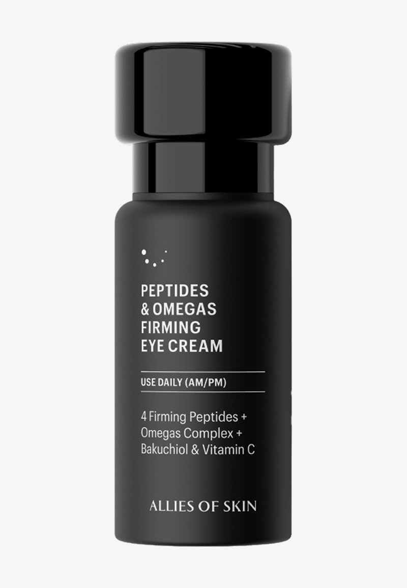 Bouteille noire étiquetée Peptides & Omegas Crème Fermeté pour les Yeux avec instructions d'utilisation et ingrédients, de la marque Allies of Skin.
