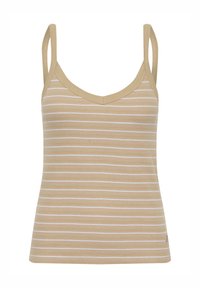 Beige tank top dengan garis horizontal putih tipis, terbuat dari kain ribbed. Memiliki tali tipis dan desain V-neck.