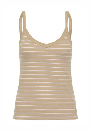 Beige ujjatlan felső, vékony fehér vízszintes csíkokkal, bordázott anyagból készült. Finom pántokkal és V-nyakkivágással rendelkezik.