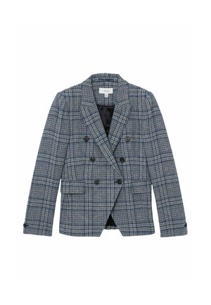 Dobbeltradet grå og blåternet blazer med seks sorte knapper, hakkraver, lommer med klapper og lange ærmer.