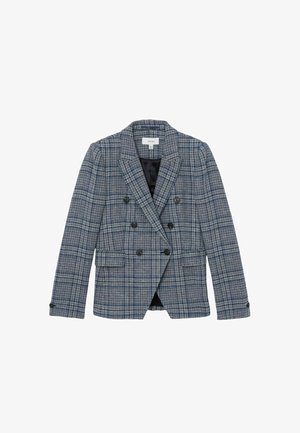 Sacou în carouri gri și albastru, cu două rânduri de nasturi, șase nasturi negri, rever cu crestătură, buzunare cu clapetă și mâneci lungi.