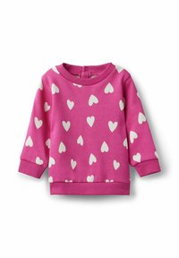 Rosa Sweatshirt mit weißen Herzmustern, runder Ausschnitt, gerippte Bündchen und Saum, weicher Stoff und eine Knopfverschlussdetail hinten.