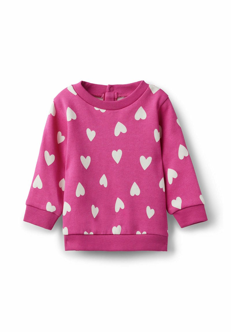 Rosa Sweatshirt mit weißen Herzmustern, runder Ausschnitt, gerippte Bündchen und Saum, weicher Stoff und eine Knopfverschlussdetail hinten.
