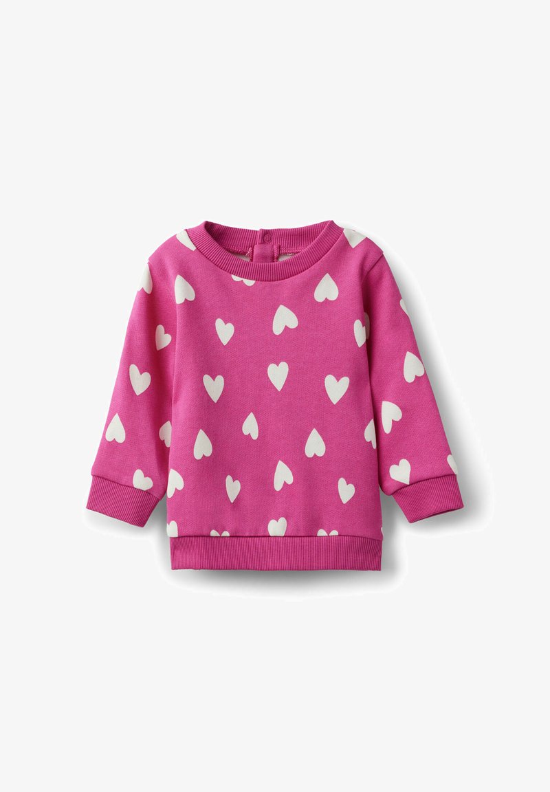 Felpa rosa con motivi a cuore bianchi, scollo rotondo, polsini e orlo a costine, tessuto morbido e dettaglio con chiusura a bottoni sul retro.