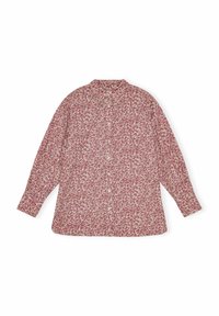 Camicia a maniche lunghe con bottoni di colore crema chiaro, decorata con un motivo floreale rosa; vestibilità rilassata e tessuto morbido, con colletto a fascetta e chiusura con bottoni.