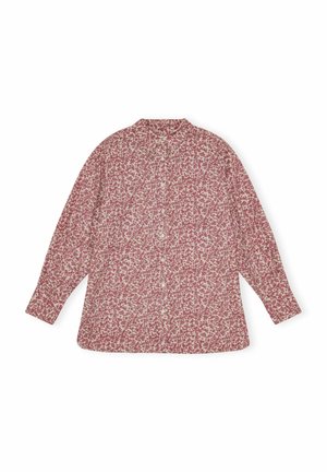 Long-sleeve button-up shirt in light cream with a pink floral pattern; relaxed fit and soft fabric, featuring a band collar and button closure.