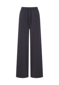 Szerokie spodnie w kolorze ciemnonavy, wykonane z miękkiego materiału, z elastyczną talią i regulowanym sznurkiem. Brak kieszeni i widocznych wzorów.
