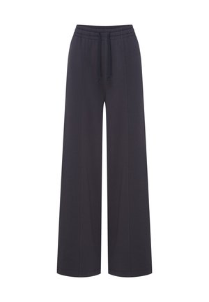 Szerokie spodnie w kolorze ciemnonavy, wykonane z miękkiego materiału, z elastyczną talią i regulowanym sznurkiem. Brak kieszeni i widocznych wzorów.