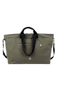 Sac fourre-tout vert olive avec poignées noires, doté d'une poche zippée à l'avant et d'une bandoulière amovible. Fabriqué en tissu durable et lisse.