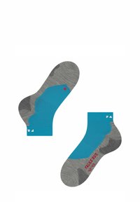 Sottili sportive blu e grigie con un design testurizzato. Le caratteristiche includono un tallone rinforzato, un pannello in rete e dettagli rossi.