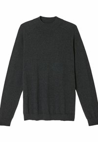 Dunkelgrauer Pullover mit Rundhalsausschnitt, langen Ärmeln sowie gerippten Bündchen und Saum. Hergestellt aus weichem, strukturiertem Stoff mit minimalistischem Design.
