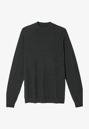 Dark gray sweater with a crew neckline, long sleeves, and ribbed cuffs and hem. Made of soft, textured fabric with a minimal design.