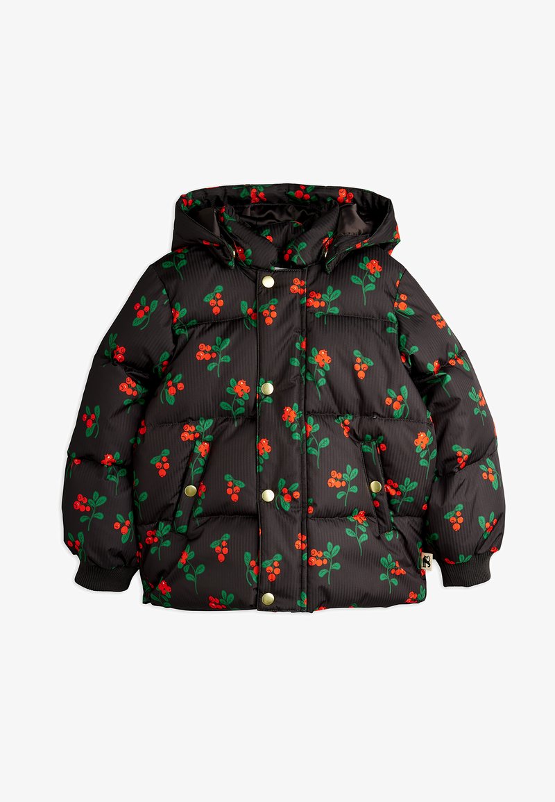 Musta pehmustetut takki, jossa on vihreä ja punainen kukkakuosi, huppu ja kultaiset nepparit. Sisältää tekstuuripinta ja sivutaskut.