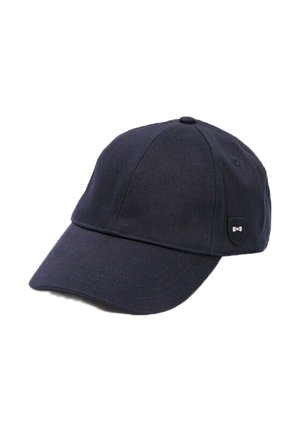 Casquette de baseball bleu marine foncé en tissu, avec une visière courbée, un design à six panneaux et un petit logo sur le côté.