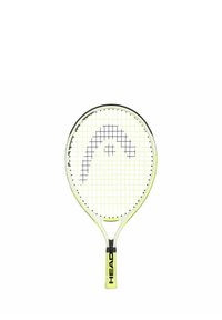 Tennisschläger mit einem weißen und schwarzen Saitenmuster, runder Kopfform und einem leuchtend gelben Rahmen. Der Griff zeigt das Markenlogo in Schwarz.