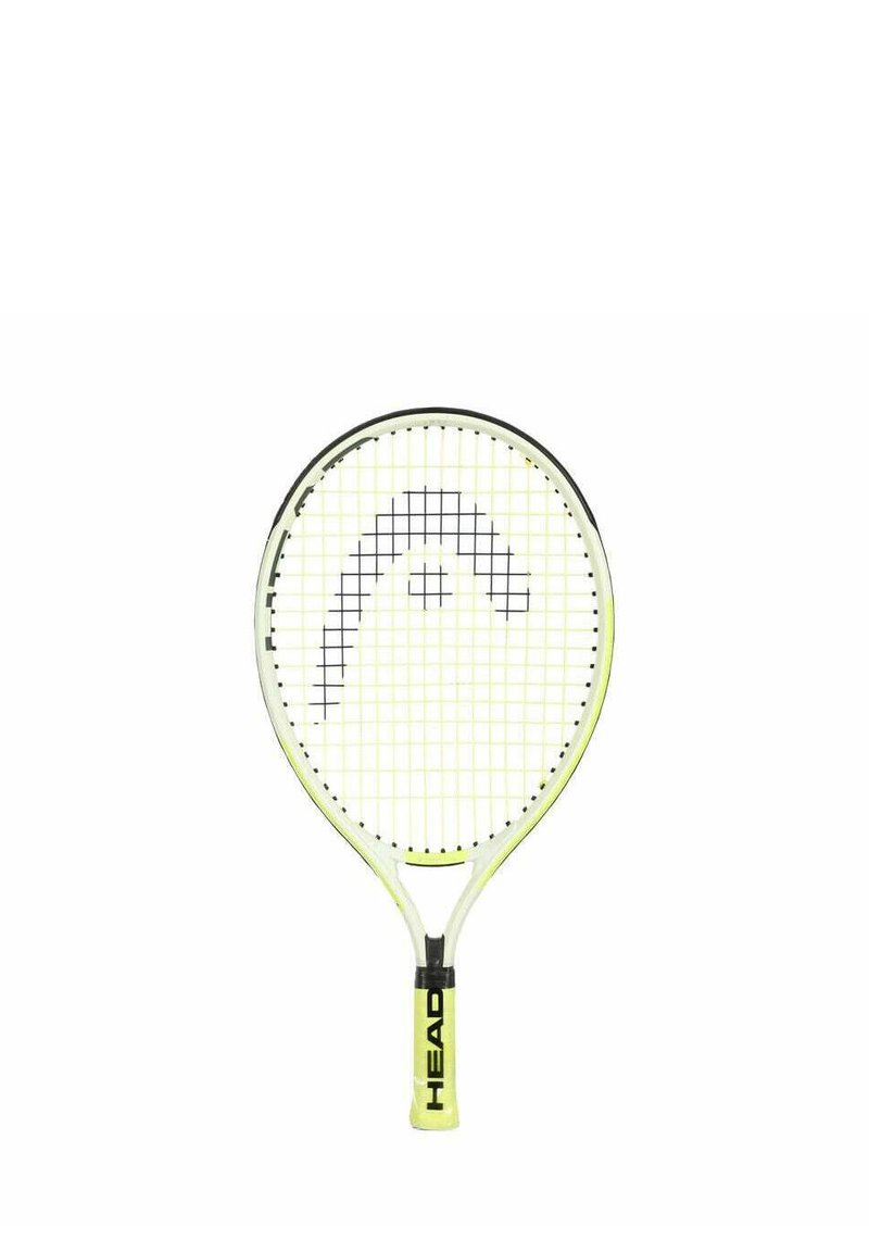 Tennisschläger mit einem weißen und schwarzen Saitenmuster, runder Kopfform und einem leuchtend gelben Rahmen. Der Griff zeigt das Markenlogo in Schwarz.