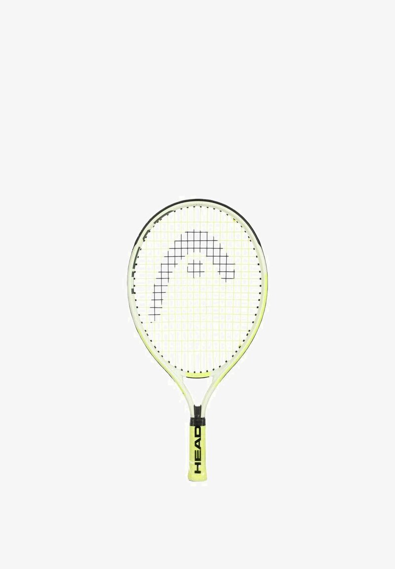 Tennisschläger mit einem weißen und schwarzen Saitenmuster, runder Kopfform und einem leuchtend gelben Rahmen. Der Griff zeigt das Markenlogo in Schwarz.