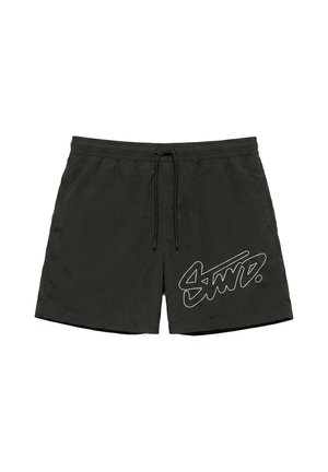 Short de bain noir avec une ceinture élastique et un cordon, avec un logo blanc stylisé sur la jambe gauche.