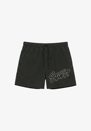 Short de bain noir avec une ceinture élastique et un cordon, avec un logo blanc stylisé sur la jambe gauche.