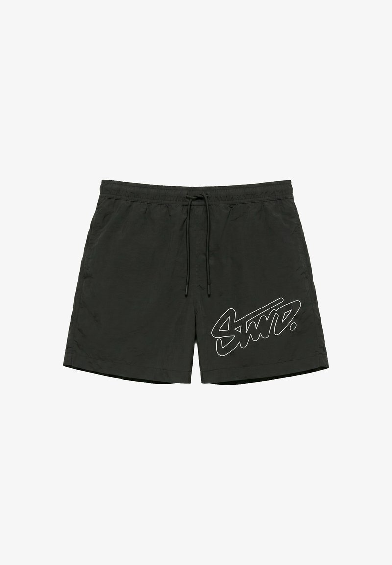 Short de bain noir avec une ceinture élastique et un cordon, avec un logo blanc stylisé sur la jambe gauche.