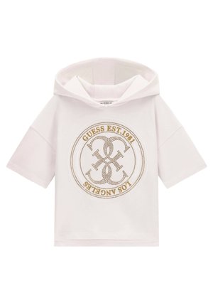Weißes kurzärmeliges Kapuzensweatshirt mit goldenem runden Guess-Logo und Text "Guess Est. 1981 Los Angeles" auf der Vorderseite.