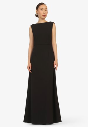 Ärmelloses schwarzes Maxikleid mit hochgeschlossenem Hals, tailliertem Schnitt und glatter Textur, ausgestattet mit strukturierten Nähten und einem fließenden Rock.