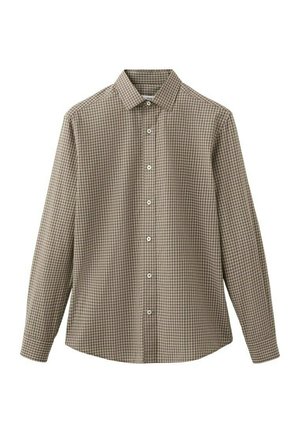 Košile s dlouhým rukávem na knoflíky s malým hnědo-béžovým kostkovaným vzorem a klasickým límečkem, zobrazena na bílém pozadí.