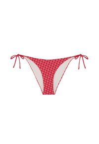 Parte inferior de bikini roja con un patrón geométrico y forro blanco, con la opción de lazos ajustables a ambos lados para un ajuste personalizable.