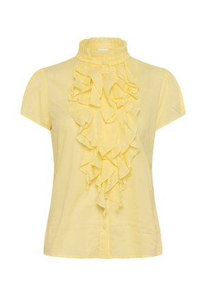 Yellow blouse made of cotton, featuring a high ruffle collar and a front ruffle detail. Short sleeves and button closure at the front.