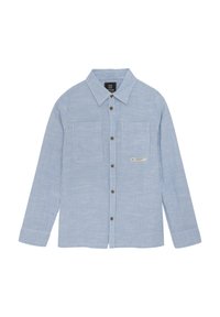 Blå och vit randig långärmad skjorta med knäppning fram, två bröstfickor och en liten etikett nära fållen. Slät tygtextur.