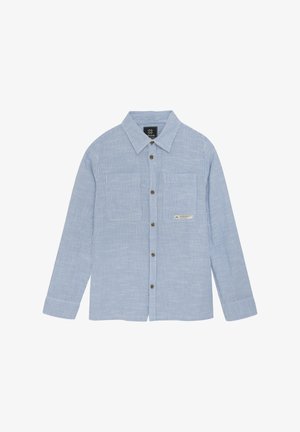 Blauwe en witte gestreepte shirt met lange mouwen, knopen aan de voorkant, twee borstzakken en een klein label nabij de zoom. Glad stoftextuur.
