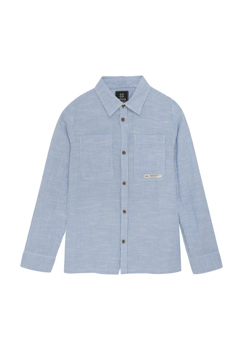 Blå och vit randig långärmad skjorta med knäppning fram, två bröstfickor och en liten etikett nära fållen. Slät tygtextur.