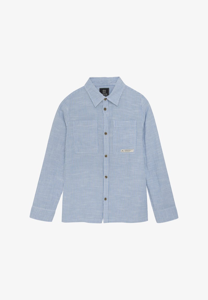 Blauwe en witte gestreepte shirt met lange mouwen, knopen aan de voorkant, twee borstzakken en een klein label nabij de zoom. Glad stoftextuur.