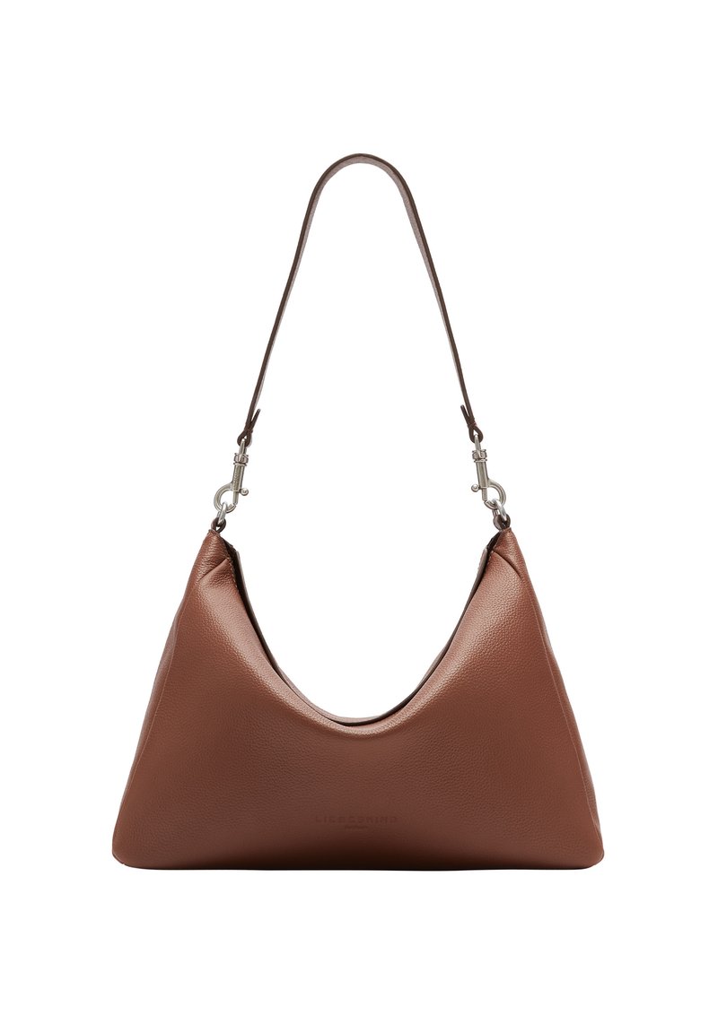 Brown leather handbag with a triangular shape, soft texture, and a single strap. Features metallic hardware and a discreet logo.