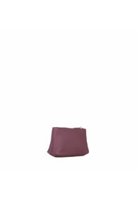 Bolsa de poliéster morada con una textura suave, cierre de cremallera y una base ligeramente redondeada. Diseño compacto adecuado para objetos pequeños.