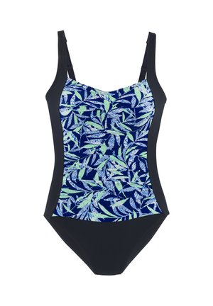 Einteiliger Badeanzug mit schwarzen Seiten und einem blauen Vorderteil mit grün-weißem Blattmuster, verstellbare Schulterriemen.