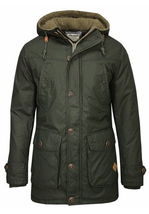 Olive green parka jacket with a faux fur-lined hood, front zipper, snap buttons, and two large front pockets. Features adjustable drawstrings.