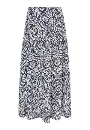 Witte gelaagde rok met een marineblauw abstract patroon, elastische tailleband en een vloeiende A-lijn silhouet, gemaakt van lichtgewicht stof.