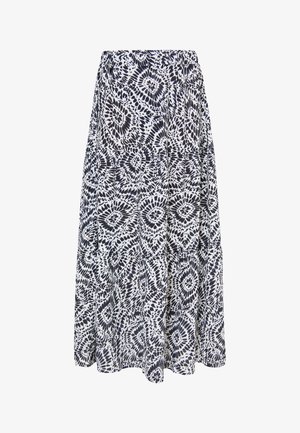 Fustă albă în straturi, cu un model abstract bleu marin, talie elastică și o siluetă A-line vaporoasă, realizată dintr-un material ușor.