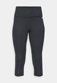Leggings capri negros hechos de una tela elástica, que cuentan con una cintura alta y una textura suave. Sin patrones visibles ni detalles de hardware.