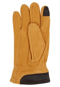 Læderarbejdshandsker med en tan ruskindsfinish, sort læder på håndfladen, fem-finger design og forstærkede syninger ved manchetterne.