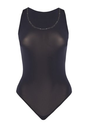 Body nero con scollo a U, tessuto liscio, design aderente e un delicato accento di strass intorno al colletto.