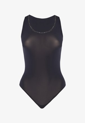 Zwart bodysuit met een ronde halslijn, een gladde textuur, een aansluitend ontwerp en een subtiel strassaccent rond de kraag.